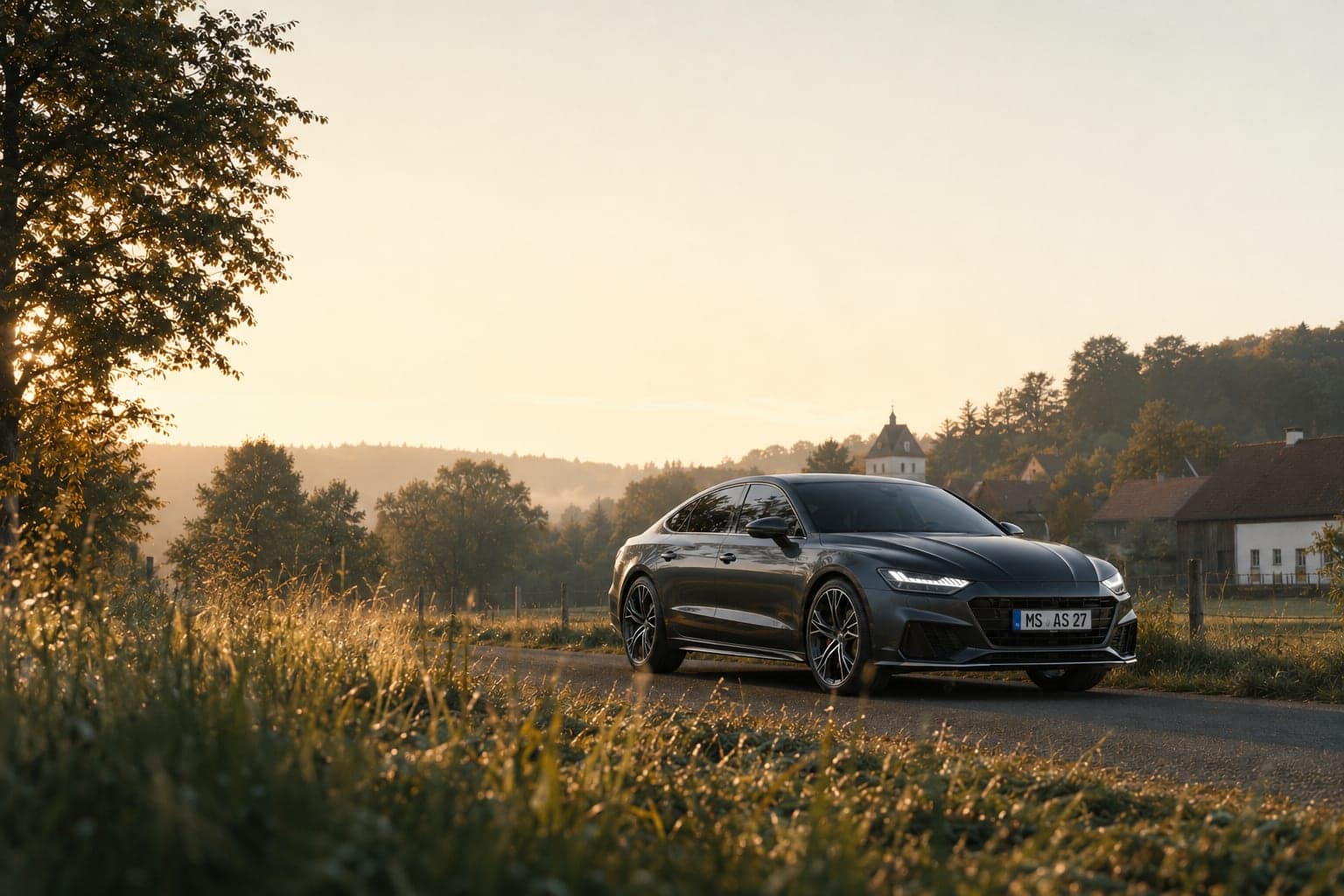Gepflegte Limousine als geprüfter Gebrauchtwagen bei Sonnenuntergang im Münsterland